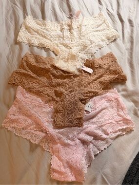 PINK Victoria's Secret Lace Cheeky Panty Trio - Ivory, Nude, Light Pink